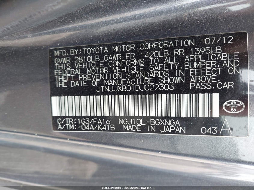 2013 Scion Iq VIN: JTNJJXB01DJ022303 Lot: 45259919