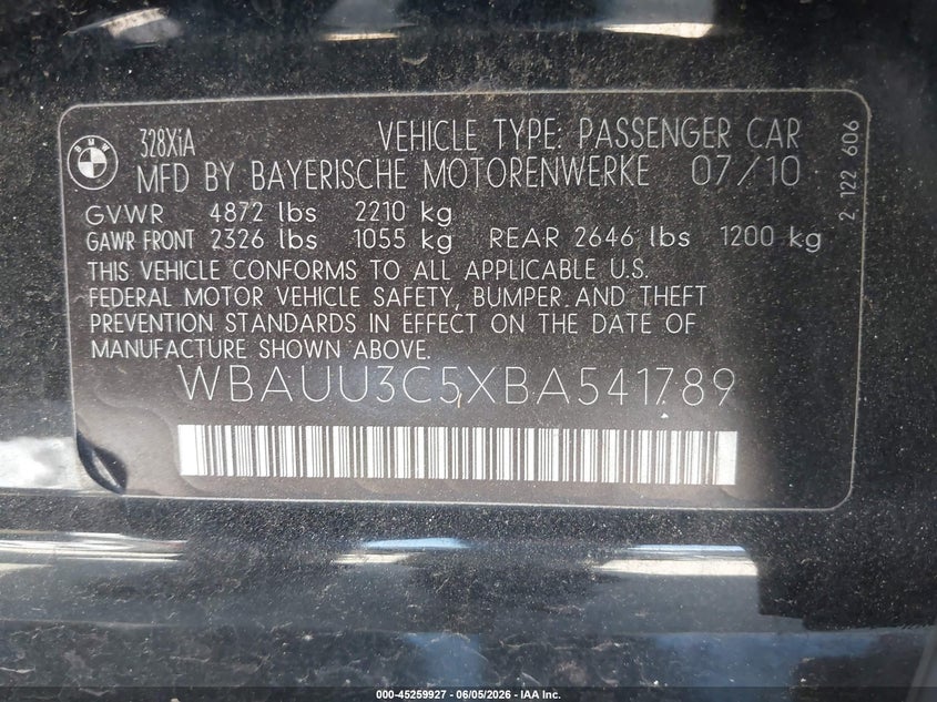 2011 BMW 328I xDrive VIN: WBAUU3C5XBA541789 Lot: 45259927