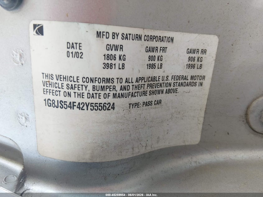 2002 Saturn L-Series L100 VIN: 1G8JS54F42Y555624 Lot: 45259954