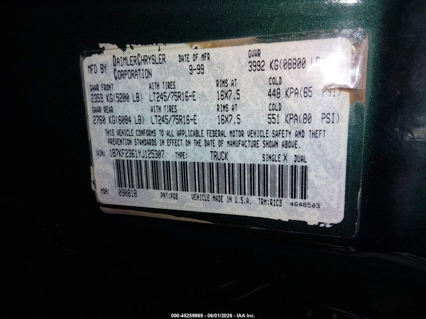 2000 Dodge Ram 2500 St VIN: 1B7KF2361YJ125307 Lot: 45259969
