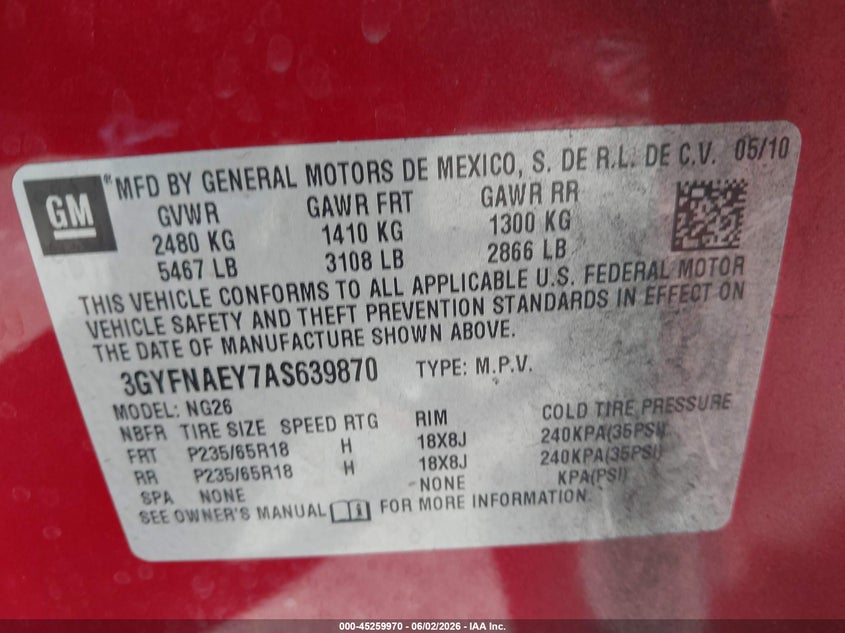 2010 Cadillac Srx Luxury Collection VIN: 3GYFNAEY7AS639870 Lot: 45259970