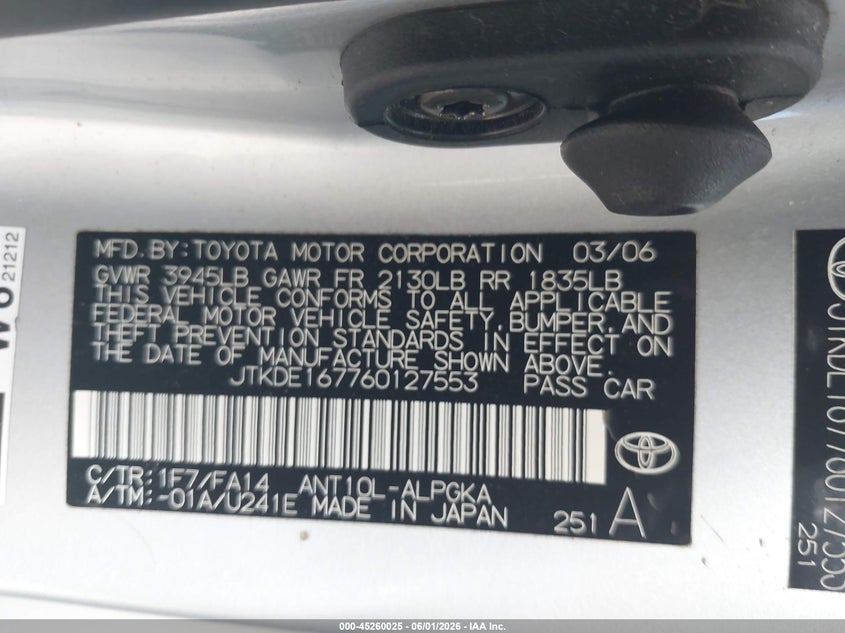 2006 Scion Tc VIN: JTKDE167760127553 Lot: 45260025