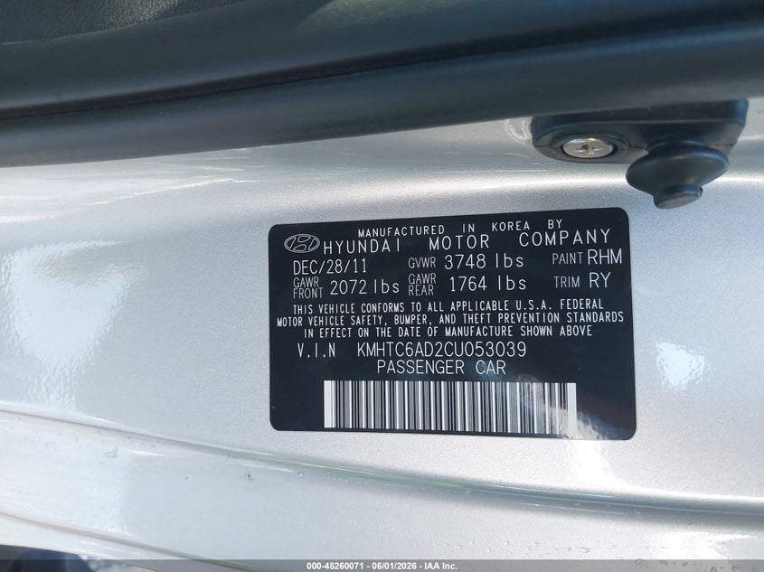 2012 Hyundai Veloster 1.6 Base W/Gray silver Lot 111045260071 Vin KMHTC6AD2CU053039