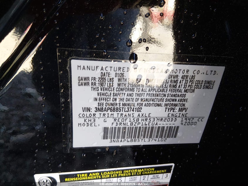 2026 Nissan Kicks S VIN: 3N8AP6BB5TL374102 Lot: 45260118