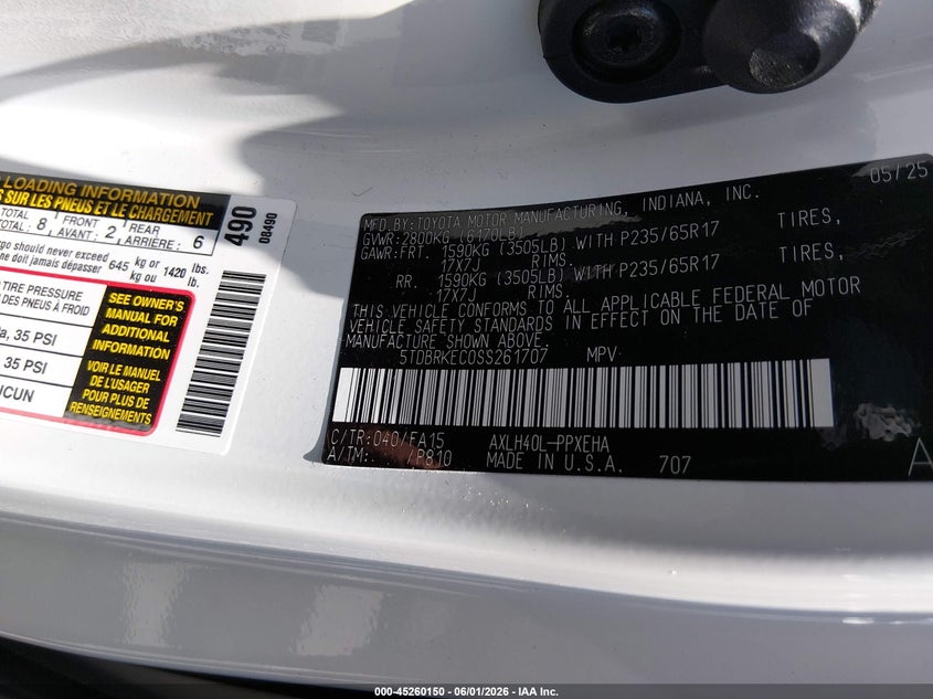 VIN 5TDBRKEC0SS261707 2025 TOYOTA SIENNA LE