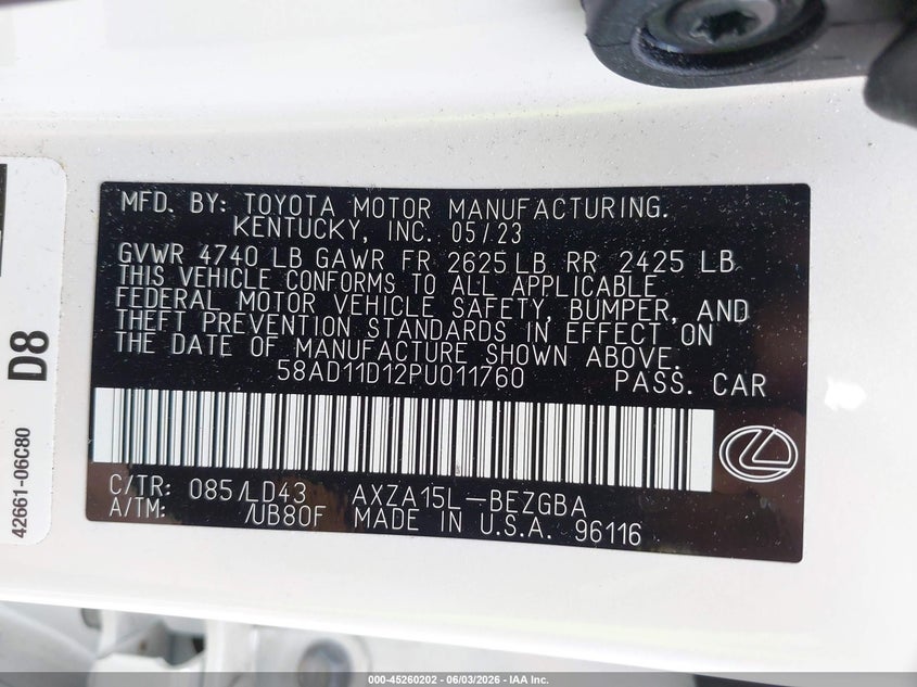 2023 Lexus Es 250 VIN: 58AD11D12PU011760 Lot: 45260202