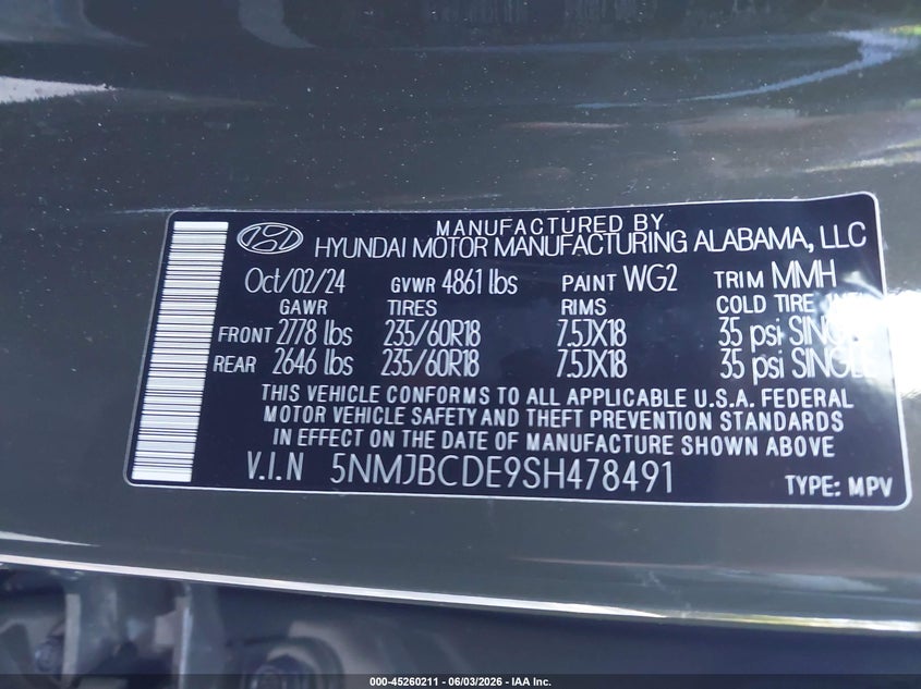 2025 Hyundai Tucson Sel VIN: 5NMJBCDE9SH478491 Lot: 45260211
