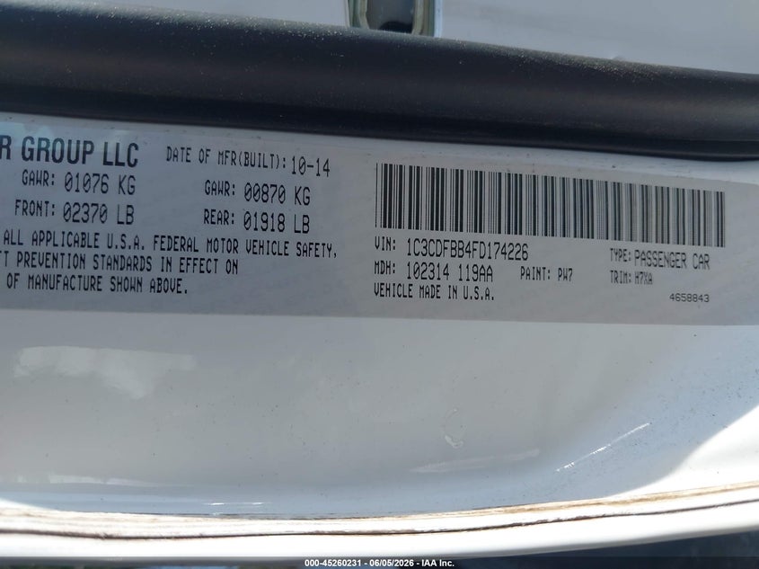2015 Dodge Dart Sxt VIN: 1C3CDFBB4FD174226 Lot: 45260231