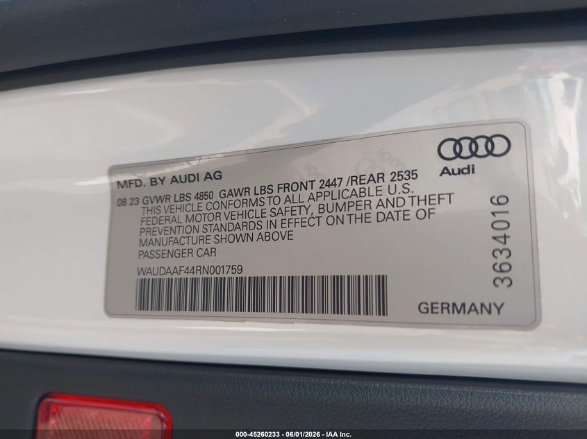 2024 Audi A4 Premium 45 Tfsi S Line Quattro S Tronic VIN: WAUDAAF44RN001759 Lot: 45260233