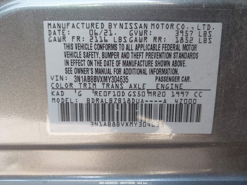 VIN 3N1AB8BVXMY304635 2021 NISSAN SENTRA S XTRONIC CVT