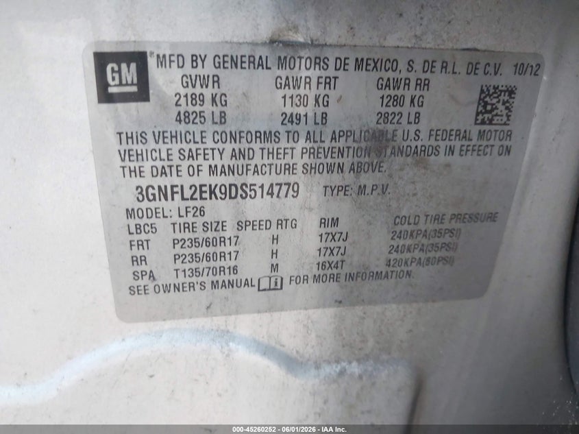 2013 Chevrolet Captiva Sport 2Ls VIN: 3GNFL2EK9DS514779 Lot: 45260252