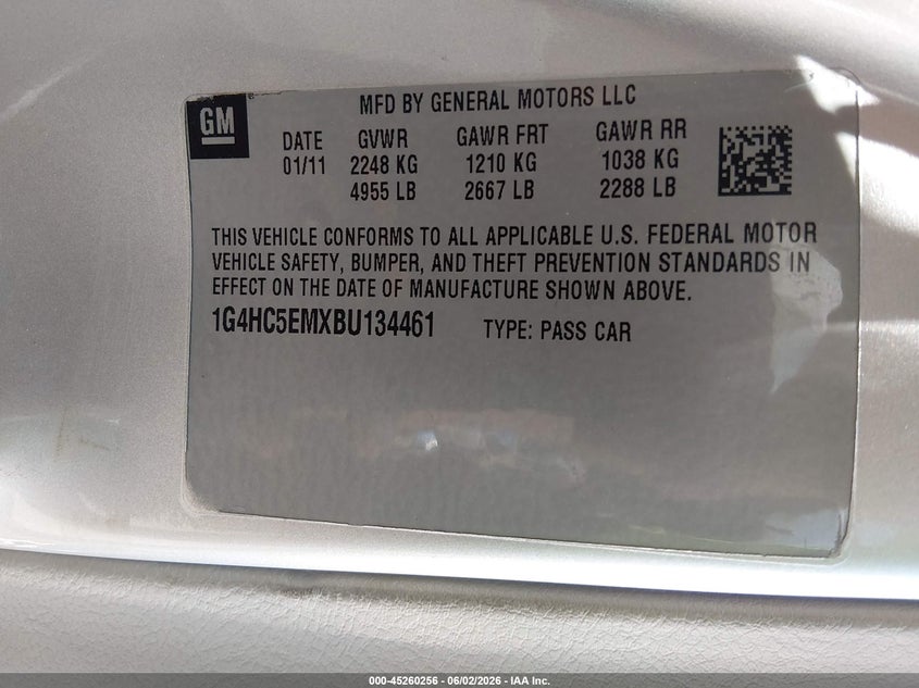 2011 Buick Lucerne Cxl VIN: 1G4HC5EMXBU134461 Lot: 45260256