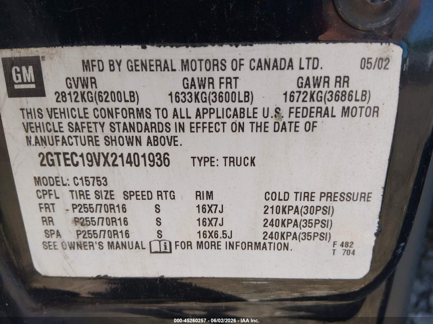 2002 GMC Sierra 1500 Sle VIN: 2GTEC19VX21401936 Lot: 45260257