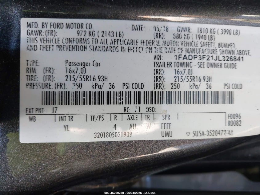 2018 Ford Focus Se VIN: 1FADP3F21JL326841 Lot: 45260280