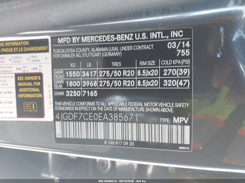2014 Mercedes-Benz Gl 450 4Matic VIN: 4JGDF7CE0EA385671 Lot: 45260314