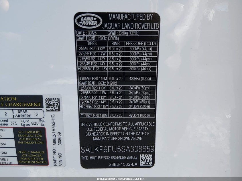 2025 Land Rover Range Rover P400 Se VIN: SALKP9FU5SA308659 Lot: 45260331