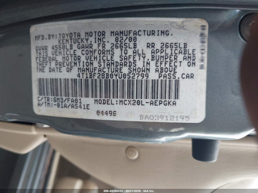 2000 Toyota Avalon Xls VIN: 4T1BF28B0YU052799 Lot: 45260332