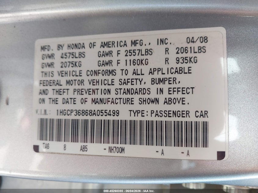 2008 Honda Accord 3.5 Ex-L VIN: 1HGCP36868A055499 Lot: 45260355