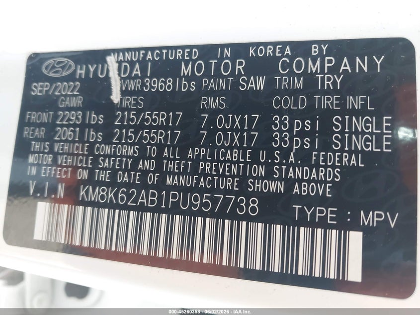 2023 Hyundai Kona Sel VIN: KM8K62AB1PU957738 Lot: 45260358