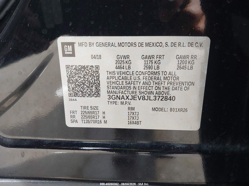 2018 Chevrolet Equinox Lt VIN: 3GNAXJEV8JL372840 Lot: 45260362