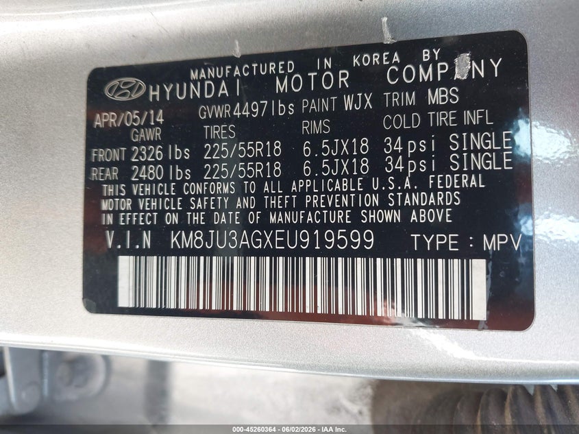 2014 Hyundai Tucson Limited VIN: KM8JU3AGXEU919599 Lot: 45260364