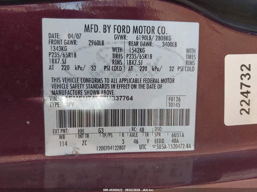 2007 Ford Explorer Eddie Bauer VIN: 1FMEU74E37UB37764 Lot: 45260422
