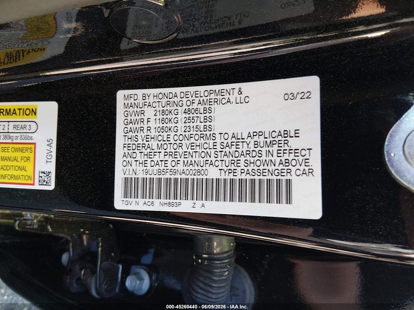 2022 Acura Tlx A-Spec Package VIN: 19UUB5F59NA002800 Lot: 45260440