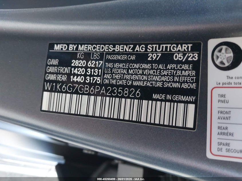 2023 Mercedes-Benz S 580 4Matic VIN: W1K6G7GB6PA235826 Lot: 45260499