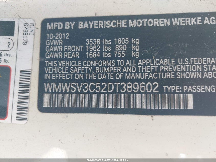 2013 Mini Hardtop Cooper S VIN: WMWSV3C52DT389602 Lot: 45260525