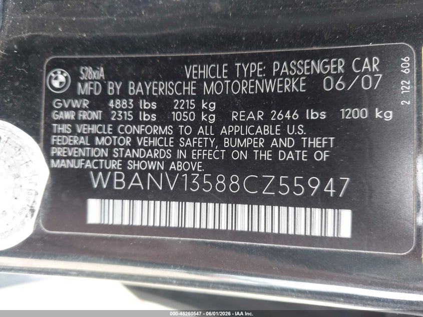 2008 BMW 528Xi VIN: WBANV13588CZ55947 Lot: 45260547