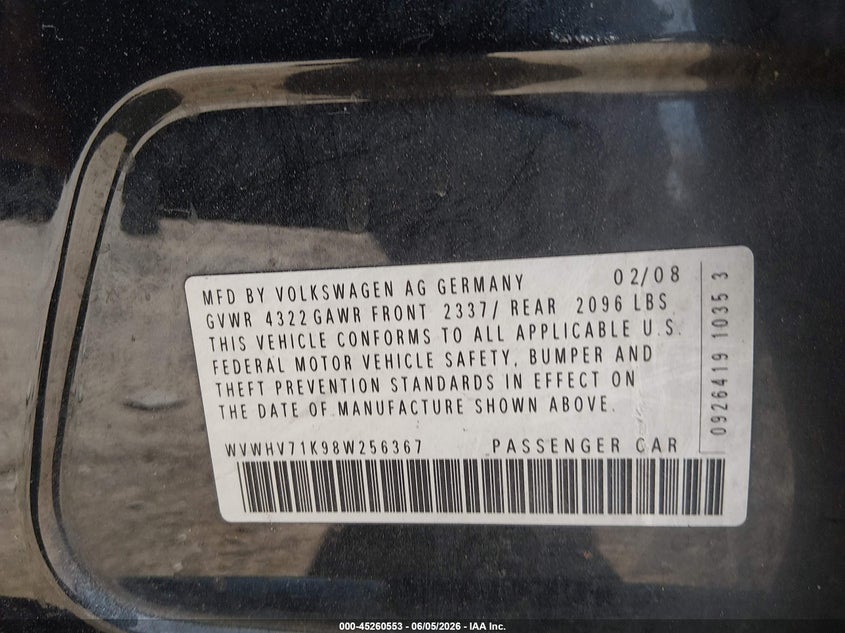 2008 Volkswagen Gti 4-Door VIN: WVWHV71K98W256367 Lot: 45260553