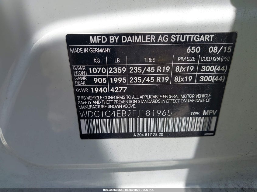2015 Mercedes-Benz Gla 250 VIN: WDCTG4EB2FJ181965 Lot: 45260565