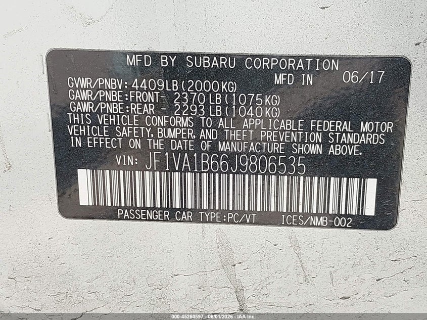 2018 Subaru Wrx Premium VIN: JF1VA1B66J9806535 Lot: 45260597