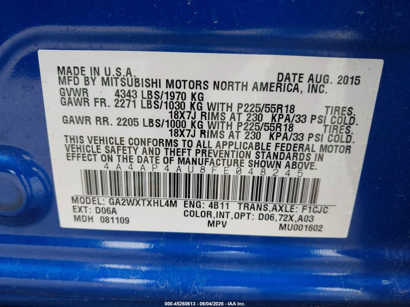2015 Mitsubishi Outlander Sport Se VIN: 4A4AP4AU8FE048245 Lot: 45260613