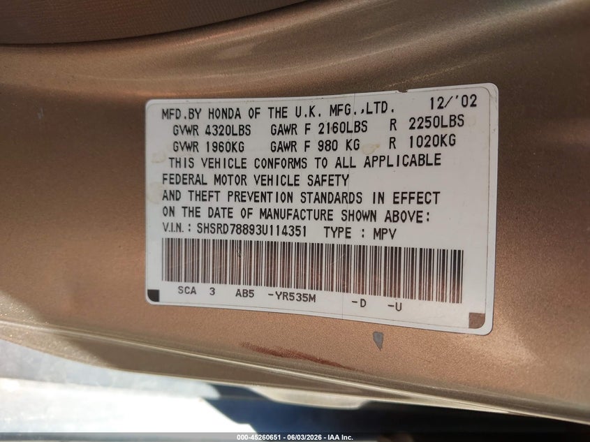 2003 Honda Cr-V Ex VIN: SHSRD78893U114351 Lot: 45260651
