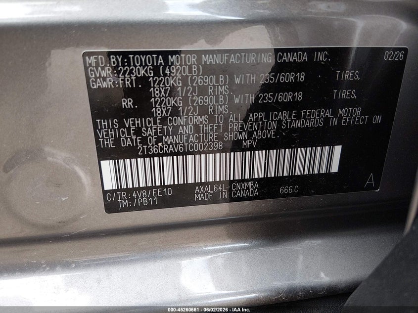 VIN 2T36CRAV6TC002398 2026 TOYOTA RAV4 XLE PREMIUM