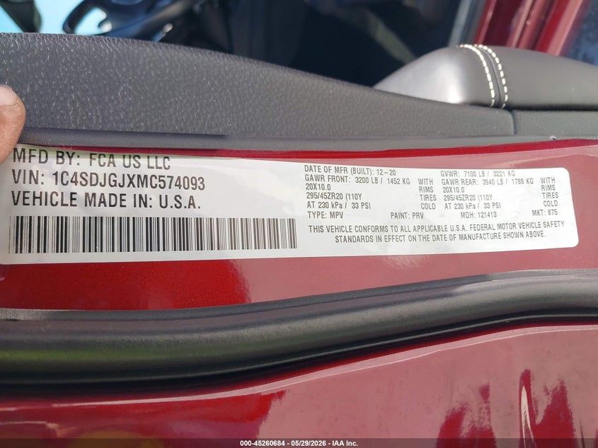 2021 Dodge Durango Srt 392 Awd VIN: 1C4SDJGJXMC574093 Lot: 45260684
