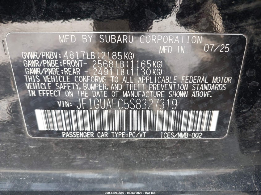 2025 Subaru Impreza Sport 5-Door VIN: JF1GUAFC5S8327319 Lot: 45260697
