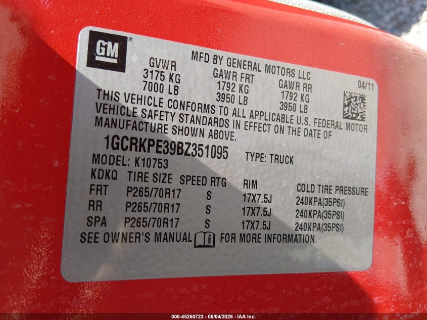 2011 Chevrolet Silverado 1500 Work Truck VIN: 1GCRKPE39BZ351095 Lot: 45260723