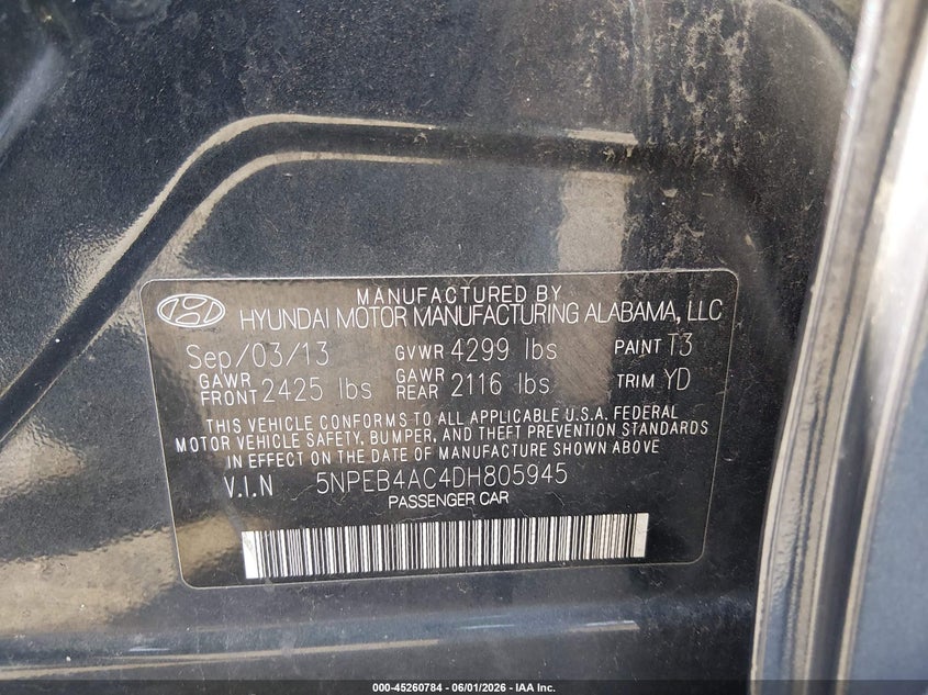2013 HYUNDAI SONATA SEDAN 2.4L I-4 DI, DOHC, VVT, 198HP