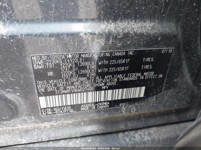 VIN 2T3RWRFV9KW027466 2019 TOYOTA RAV4 HYBRID XLE