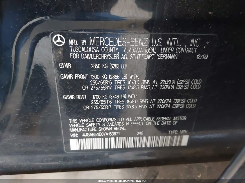 2000 Mercedes-Benz Ml 320 VIN: 4JGAB54E0YA163671 Lot: 45260880