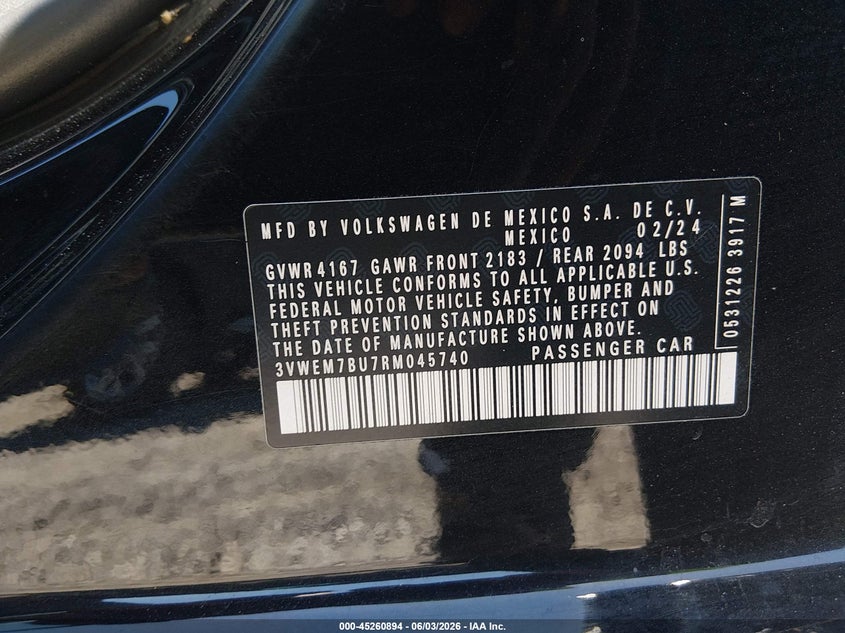 2024 Volkswagen Jetta 1.5T Se VIN: 3VWEM7BU7RM045740 Lot: 45260894