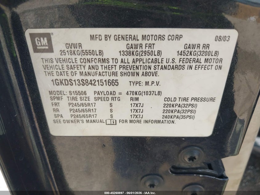 2004 GMC Envoy Sle VIN: 1GKDS13S842151665 Lot: 45260897
