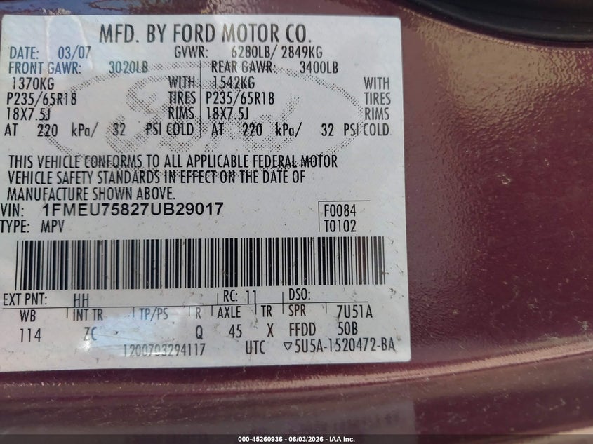 2007 Ford Explorer Limited VIN: 1FMEU75827UB29017 Lot: 45260936