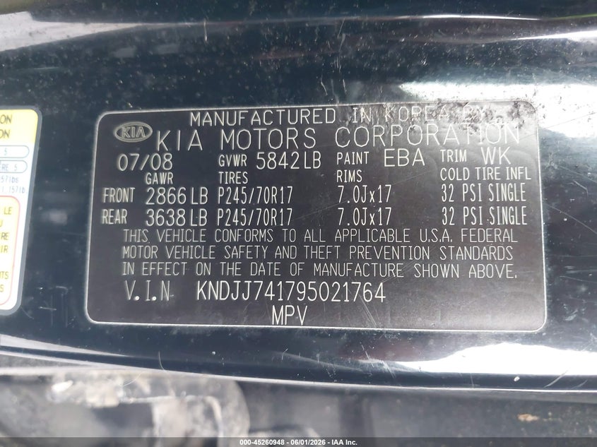 2009 Kia Borrego Ex V6 VIN: KNDJJ741795021764 Lot: 45260948