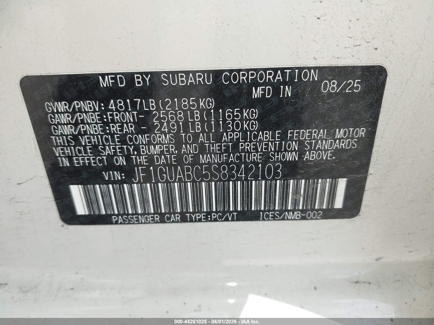 2025 Subaru Impreza Base 5-Door VIN: JF1GUABC5S8342103 Lot: 45261025
