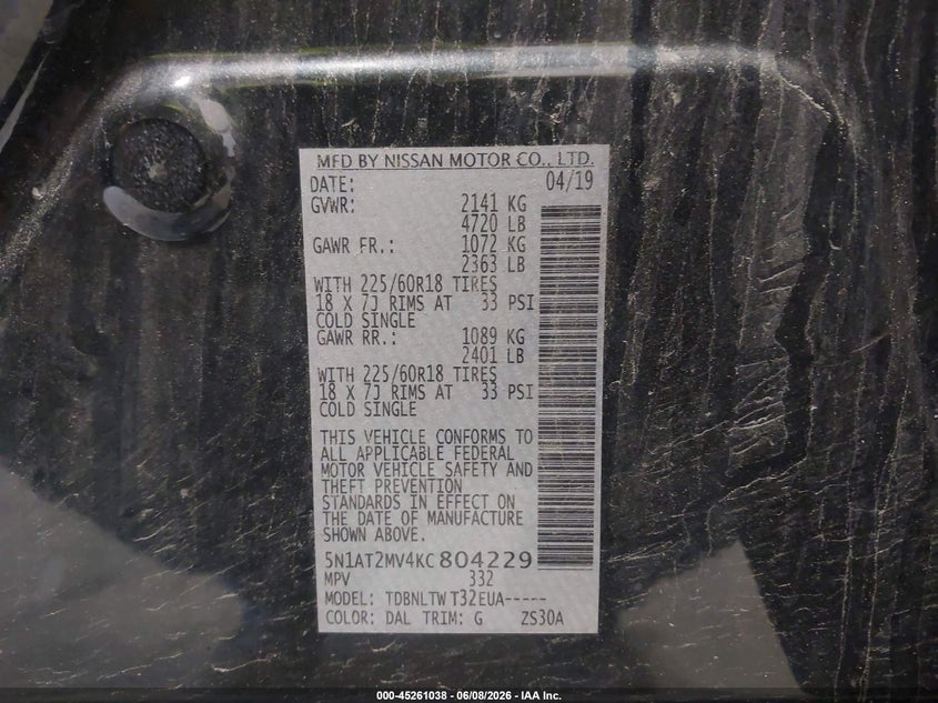 VIN 5N1AT2MV4KC804229 2019 NISSAN ROGUE SV