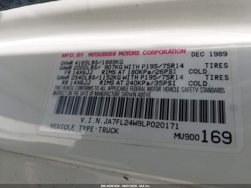 1990 Mitsubishi Mighty Max / S VIN: JA7FL24W9LP020171 Lot: 45261054