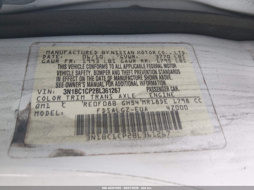 2011 Nissan Versa 1.8Sl VIN: 3N1BC1CP2BL361267 Lot: 45261055